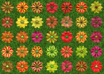 many painted flowers on a green grass backgrounds