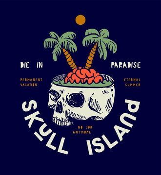 Skull Island vintage typography surfing vector illustration t-shirt print with brain island with palm-trees inside a skull.