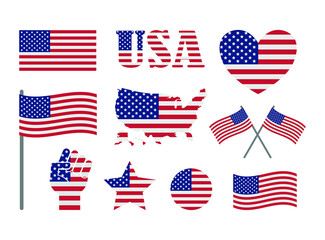 Vector set bundle of flat American USA flag elements isolated on white background