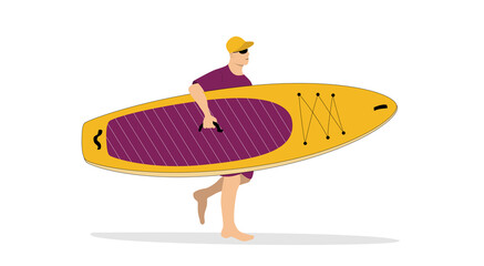 Man brings the sup board. Summer marine concept. Minimal illustration for landing page or advertisement design 