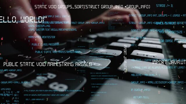 Creative visual of computer programming coding and software development shown by man working on computer keyboard with overlay of computer graphic displaying abstract program codes and computer script