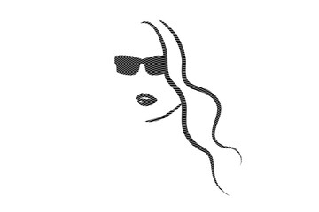 Female face silhouette illustration with glasses with a part formed by curved lines, on white background