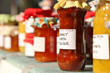Homemade homestyle sauce relish jam for sale at local market or fair
