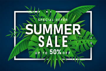 Summer Sale banner with tropical leaves