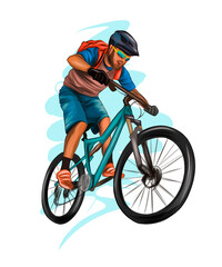 Abstract cyclist on a race track from splash of watercolors, colored drawing, realistic, athlete on a bike. Vector illustration of paints