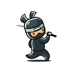 cartoon little black ninja run with sword