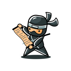 Cartoon black little ninja open the paper