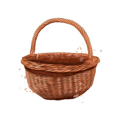 Wooden rounded wicker basket from splash of watercolors, colored drawing, realistic. Vector illustration of paints - obrazy, fototapety, plakaty