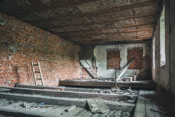 Staryi Sambir, Ukraine - 30.05.2021: The ruins of Synagogue in Staryi Sambir. Interior.