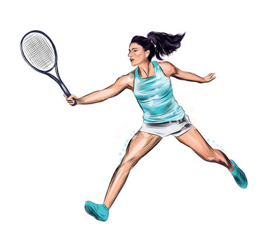Abstract tennis player with a racket from splash of watercolors, colored drawing, realistic. Vector illustration of paints