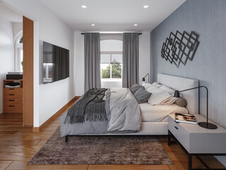 Dormitorio con piso de madera y cortinas grises - obrazy, fototapety, plakaty