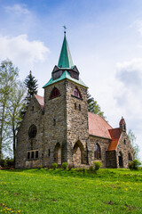Neo gotic Church Of The Divine Heart Of The Lord in small village Borovnicka in Podkrkonosi region in Czech republic