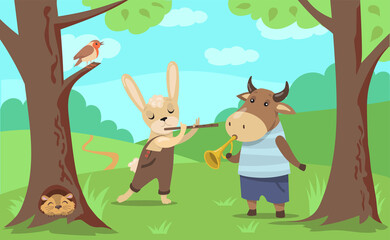 Animals playing music illustration in cartoon style. Bull and hare playing horn and flute. Ferret and bird listening, enjoying melody. Entertainment concept for website or landing page