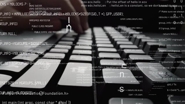 Creative visual of computer programming coding and software development shown by man working on computer keyboard with overlay of computer graphic displaying abstract program codes and computer script