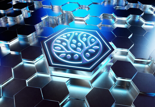 Logo Mockup on Futuristic Hexagon Pedestal with Glowing Effect