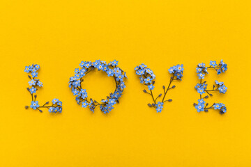 The word LOVE laid out of blue forget-me-nots flowers on a bright yellow background.
