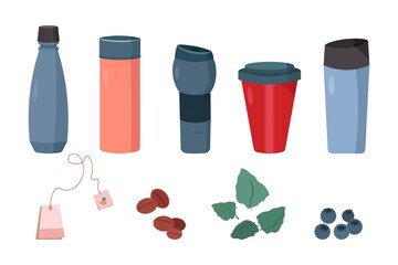 Set of reusable cups, thermo mugs with cover for take away coffee or tea. Vector illustration in flat carton style, isolated.