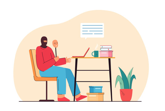 Hacker sitting with laptop trying to scam victim on internet. Fraud artist working at home flat vector illustration. Online crime, cybercrime concept for banner, website design or landing web page.