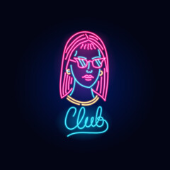 Neon Girl in glasses. Fashion sign. Night light signboard, Glowing banner. Summer emblem. Club Bar logo on dark background. Party woman.