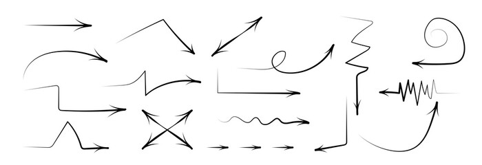 Arrows in black drawn in different directions. Arrows doodles. Set of arrows. 