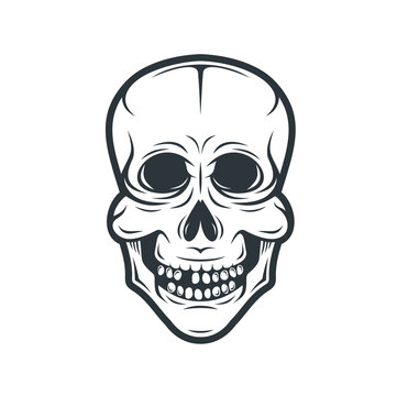 black and white skull illustration, vector art.