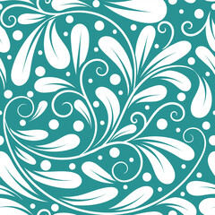 Fototapeta na wymiar Green and white leaves seamless pattern. Abstract vector ornament template. Paisley elements. Great for fabric, invitation, background, wallpaper, decoration, packaging or any desired idea.