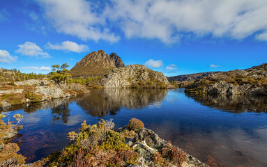 View of Cradle Mountain from twisted lakes, Cradle Mountain National Park, Tasmania, Australia