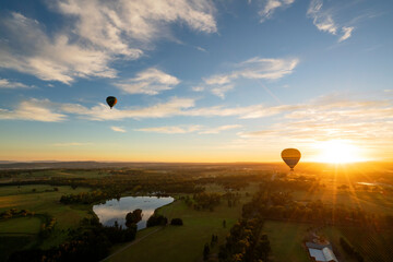 Hot air balloons in Pokolbin wine region over vineyards near hunter valley gardens as sunrise aerial photo, Hunter Valley, NSW, Australia