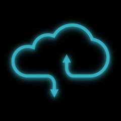 Blue growing neon effect cloud icon with curve arrow up and down for data transfer, upload and download, isolated in black background. Internet communication and cloud computing technology concept.
