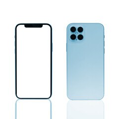 Mobile phone concept, front view and back side with isolate on background. Smart phone with camera, power and volume buttons.