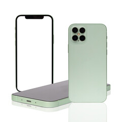 Smart phone, multiple viewing angles front view back side and  landscape view isolated on white background.