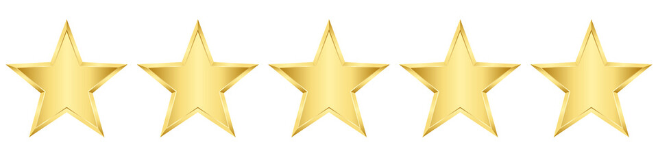Five vector gold stars. Realistic 3d decor element star rating