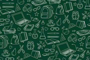 Back to School doodle sketch chalk board seamless pattern. Learning school line textile. First day of school equipment, Education concept icon. Chemistry, sketchbook, glasses, scissors office vector