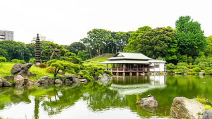 Obraz premium Tokyo, Japanese greenery garden style. Japanese pond, building and Japanese traditional architecture.