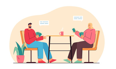 Happy man and woman sitting at table and playing cards. Couple drinking tea at home, having good time together flat vector illustration. Friendship, game, leisure activity concept