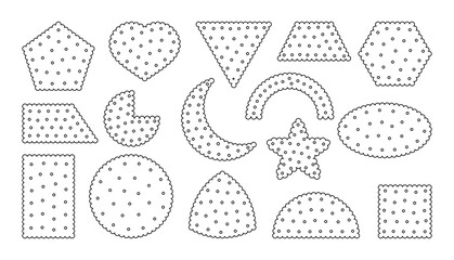 Black outline biscuit icons set. Contour template snack, cracker. Collection tasty food cookies different shapes top view circle, square, heart. Pastry cookie. Isolated on white vector illustration