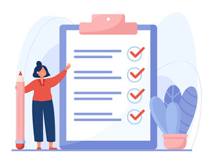 Completed checklist of cartoon woman flat vector illustration. Businesswoman holding pencil, standing next to clipboard, taking notes. List with tasks, achievement, business success, goals concept. - obrazy, fototapety, plakaty