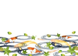 鯉の上に緑の葉が散る水彩画