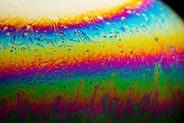A close up of colorful surface of a single soap bubble