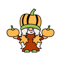 Adorable girl gnome with pumpkin is on white background. Vector illustration.