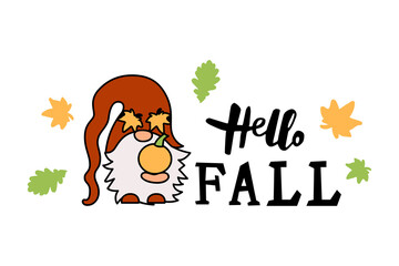 Hello Fall handwritten lettering and cute gnome with fall leaves and pumpkin on white background. Vector illustration.