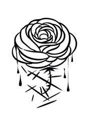 Black rose flower with thorns,drops vector silhouette drawing.Vinyl wall sticker decal.Plotter laser cutting.Cut file.Isolated stencil tattoo design.Decor.Floral decoration element.T shirt print .Icon