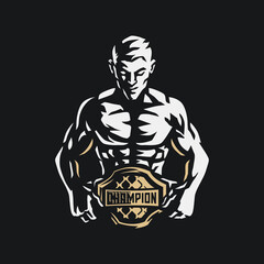 Man holding his belt. Illustration of a fighter with his winning belt. Cool muscular man vector illustration.