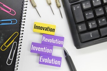 colored blocks and keyboards with the words innovation, revolution, evolution and invention