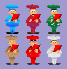 Fat male cartoon chef in uniform reading a red book. Vector illustration. Cook holding a magazine, diary, brochure.
