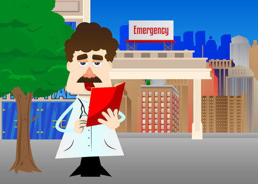 Funny Cartoon Doctor Reading A Red Book. Vector Illustration. Health Care Worker Holding A Magazine, Diary, Brochure.