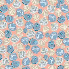 Nautical beach seamless pattern theme with multi seashells on coral orange background.