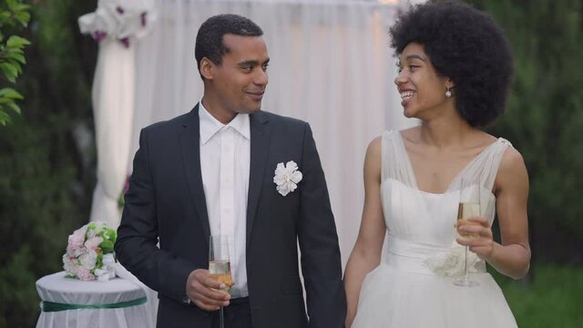 Medium shot front view of laughing newlywed couple clinking glasses looking at camera standing outdoors holding hands. Happy African American man and woman toasting to wedding guests