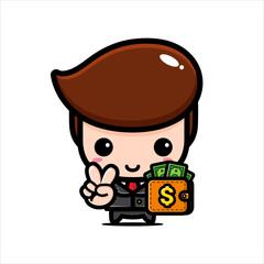 cartoon vector design of a cute boy as a businessman holding a wallet full of money