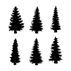 Isolated Pine on the white background. Pine silhouettes. Christmas elements. Vector illustration. Design, packaging, wallpaper.